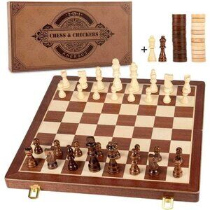 Magnetic Wooden Chess & Checkers Set (2 in 1) - Folding Board